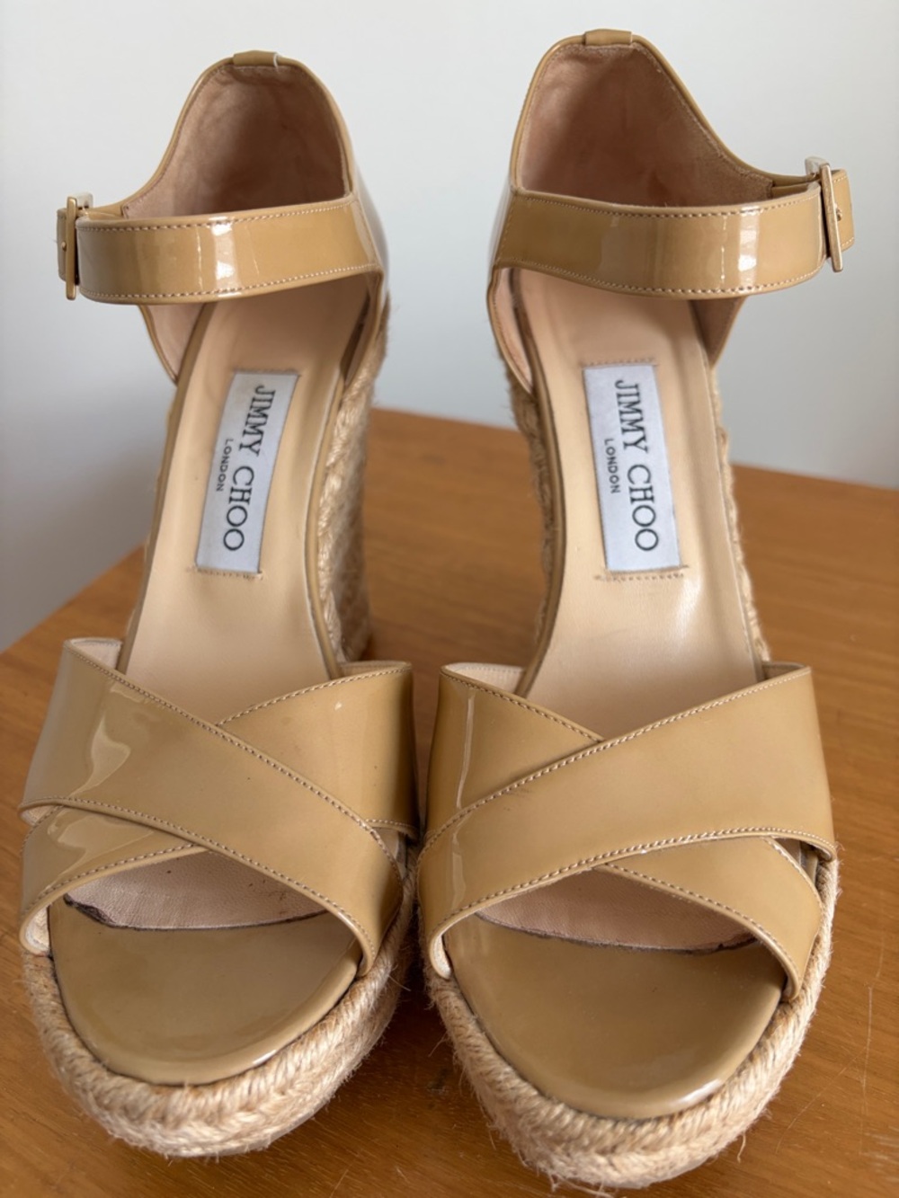 Jimmy Choo Tan Patent Leather Espadrille Wedge Sandals
